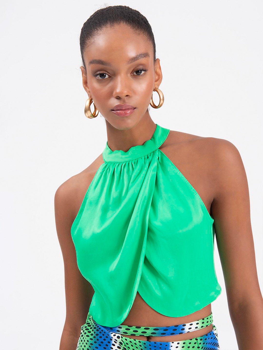 

PRET A TUER Halter Neck Gathered Detailed Crop Top, Green