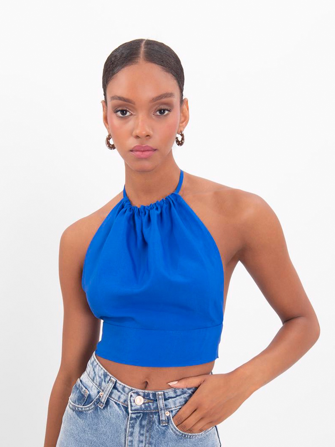 

PRET A TUER Halter Neck Tie-Ups detail Fitted Crop Top, Blue