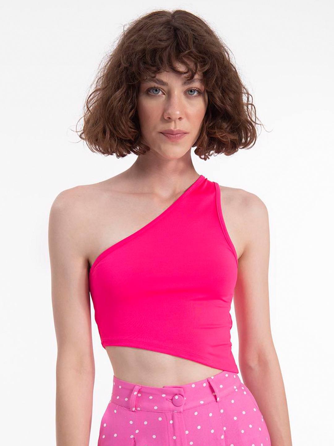 

PRET A TUER One Shoulder Cotton Fitted Crop Top, Pink