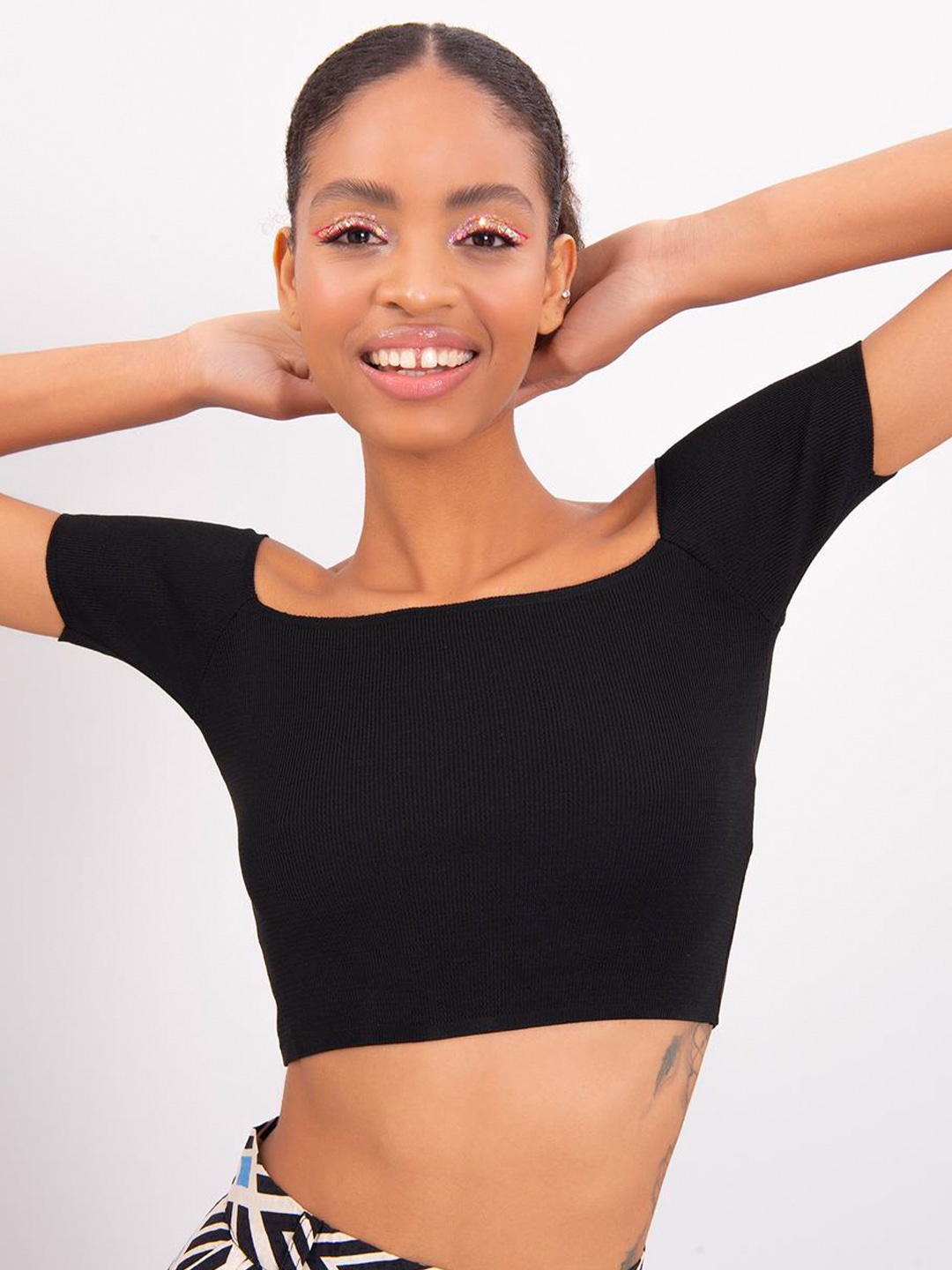 

PRET A TUER Off Shoulder Fitted Crop Top, Black