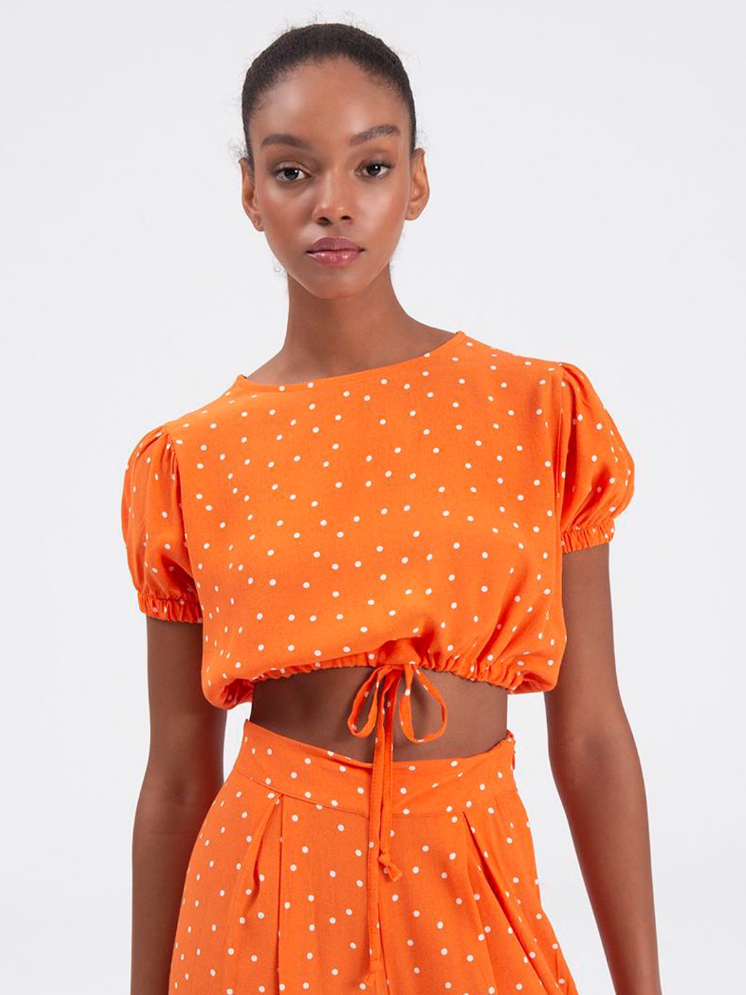 

PRET A TUER Polka Dot Printed Puff Sleeve Crop Top, Orange