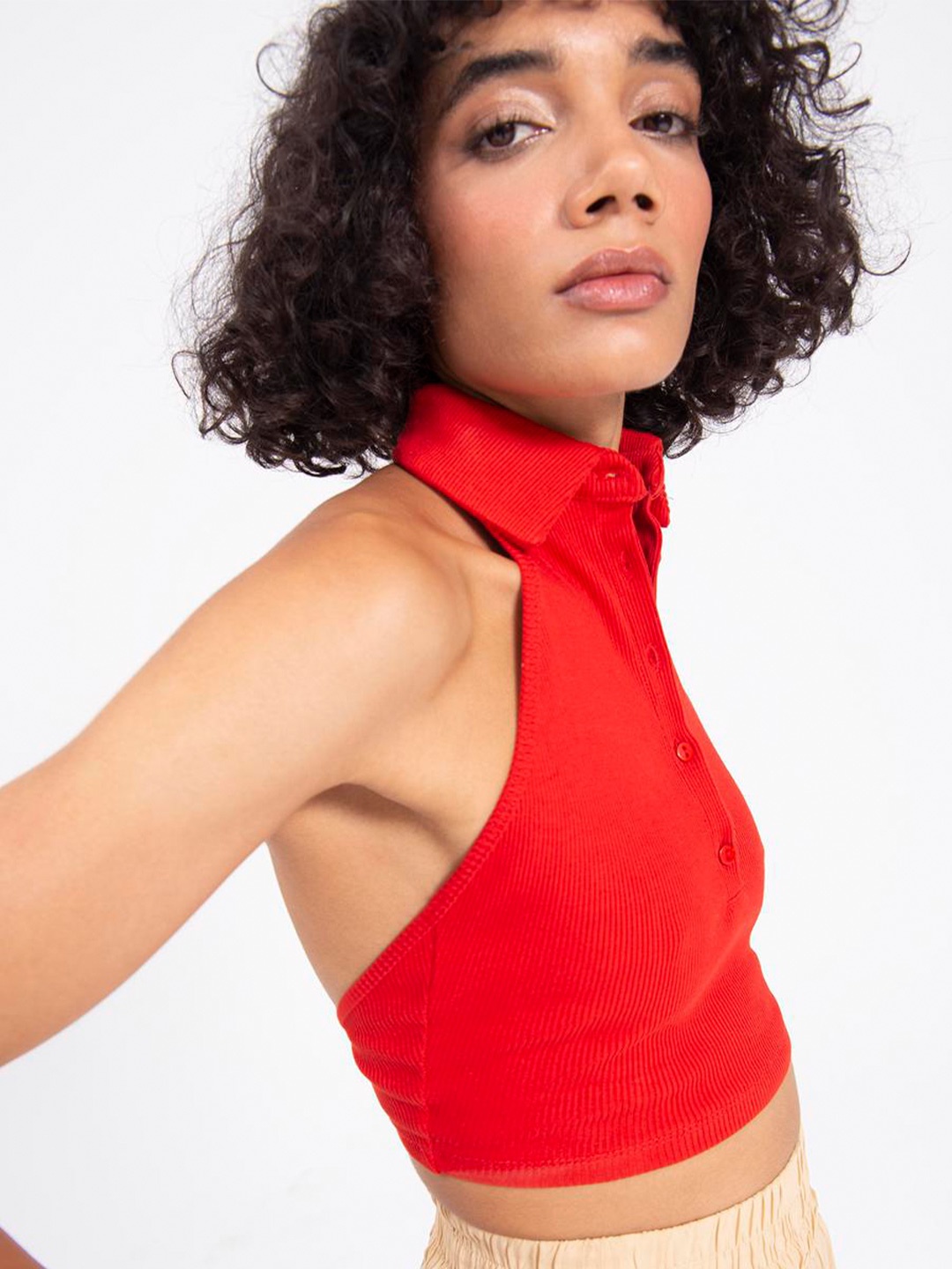 

PRET A TUER Halter Neck Cotton Crop Top, Orange