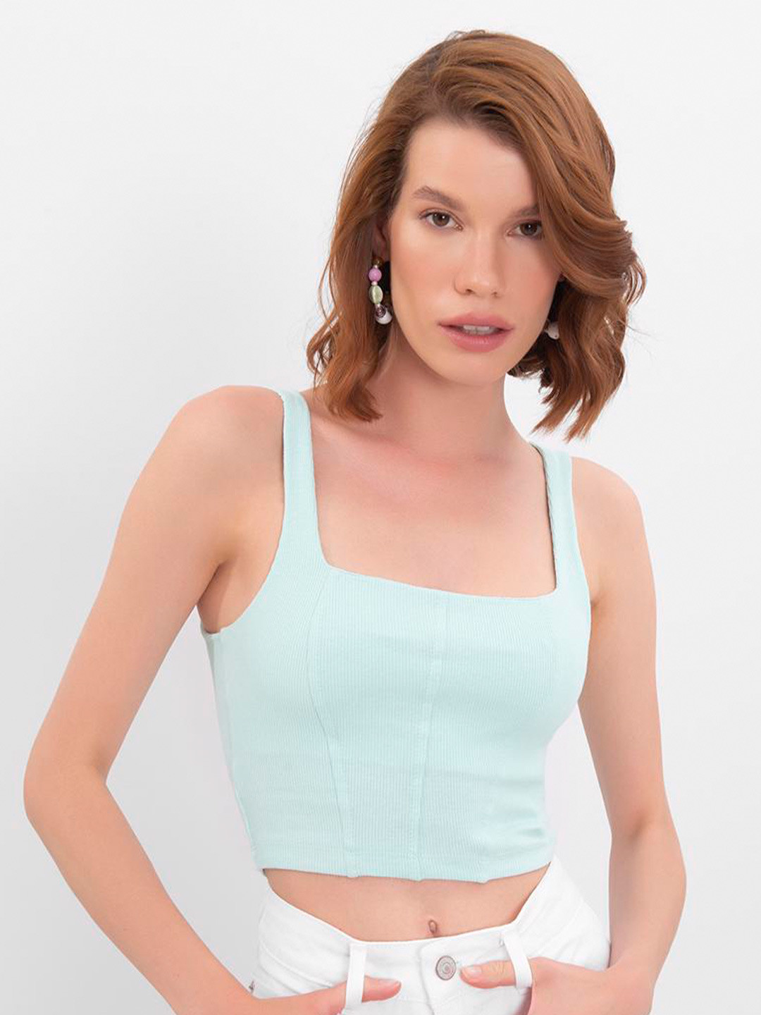 

PRET A TUER Square Neck Sleeveless Pure Cotton Tank Crop Top, Green