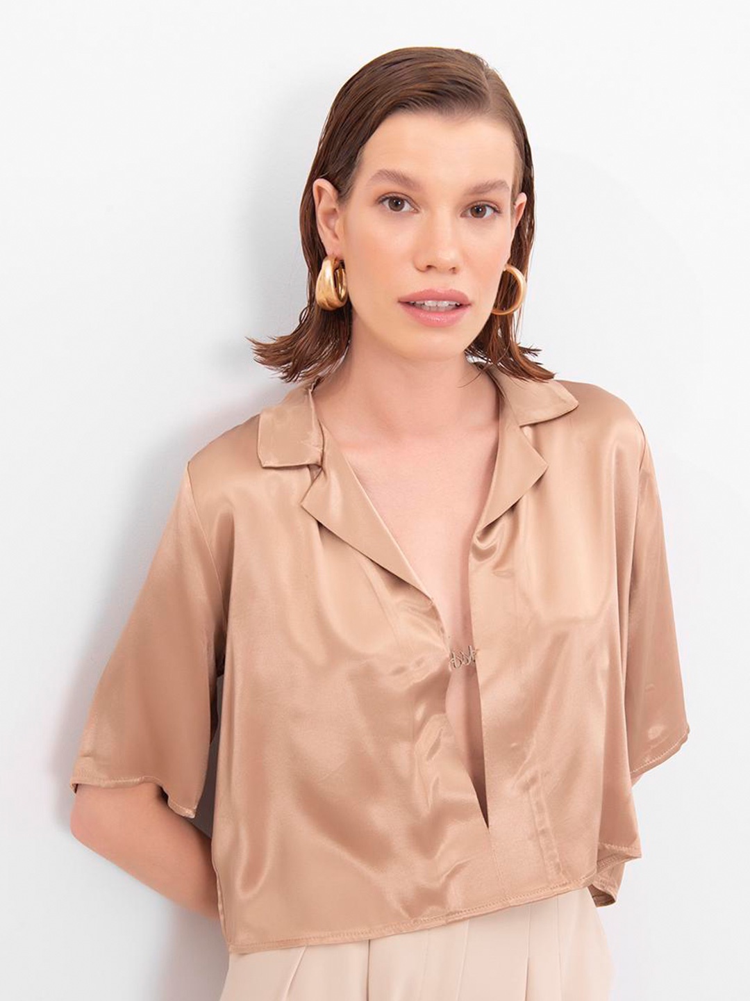 

PRET A TUER Crop Satin Shirt Style Top, Beige