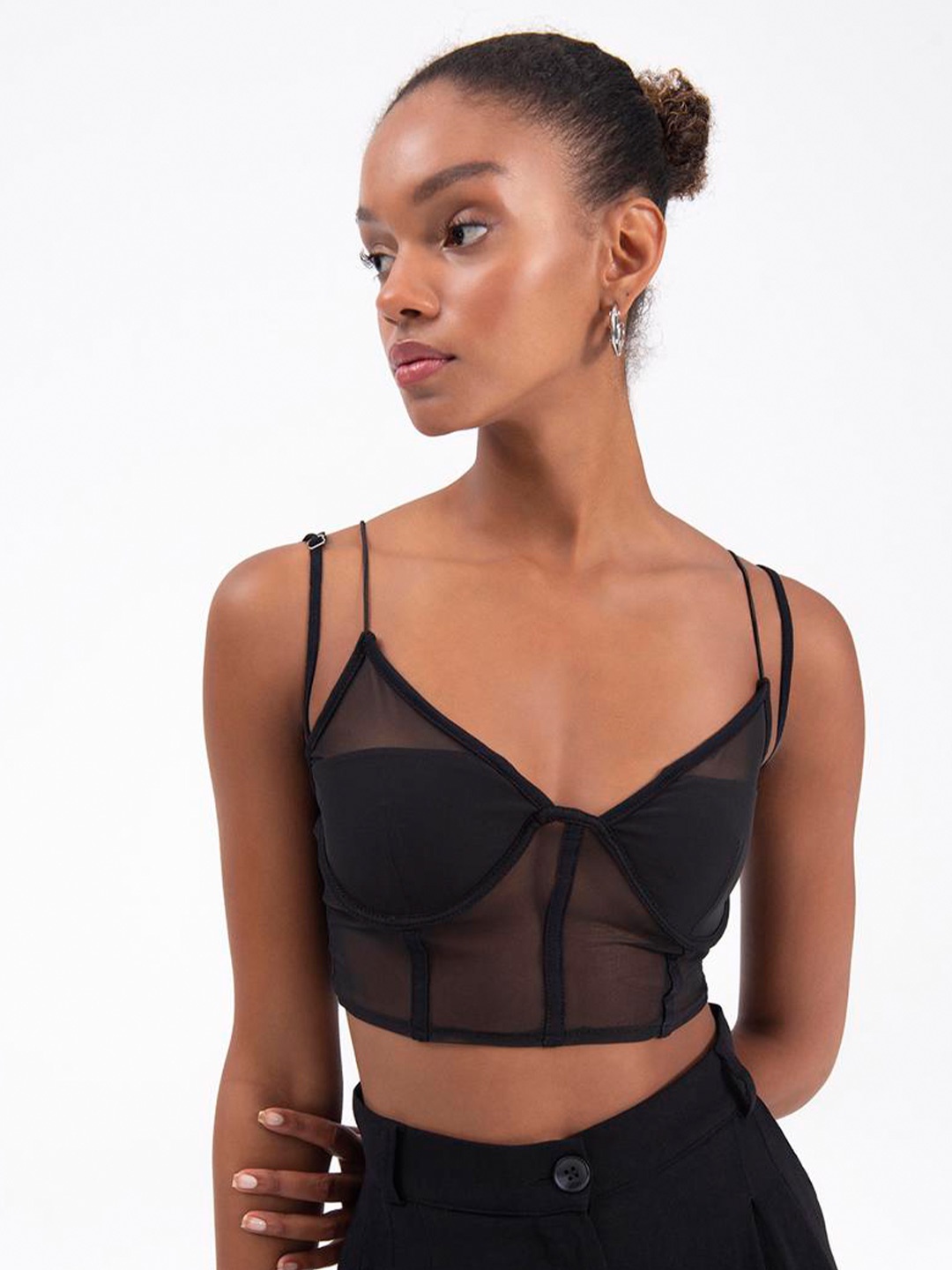 

PRET A TUER Shoulder Straps Cotton Bralette Crop Top, Black