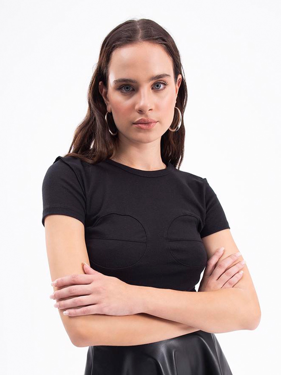 

PRET A TUER Round Neck Cotton Fitted Crop Top, Black
