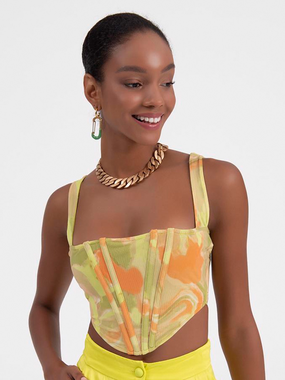 

PRET A TUER Abstract Printed Square Neck Crop Top, Orange