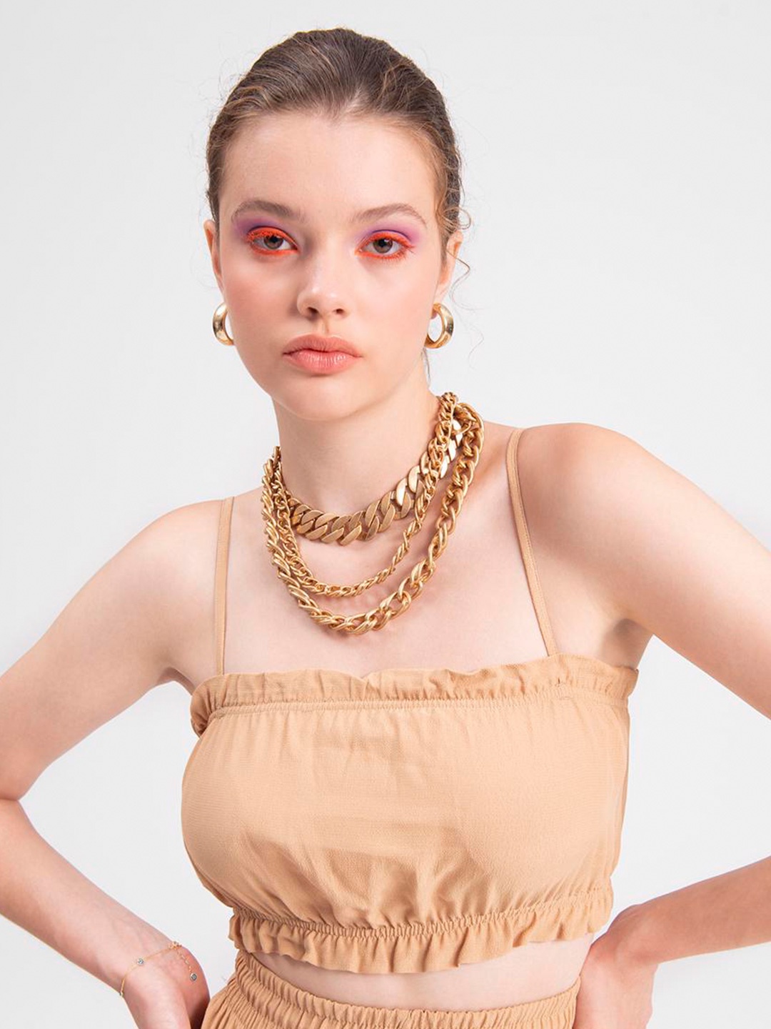

PRET A TUER Shoulder Straps Flounce Bustier Crop Top, Beige