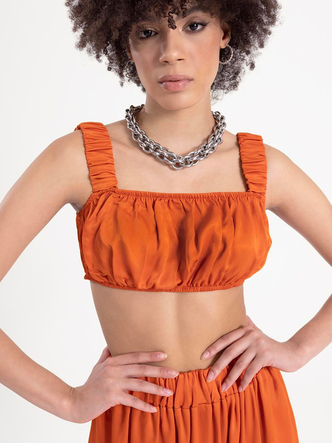 

PRET A TUER Wide Strap Shirred Crop Top, Orange