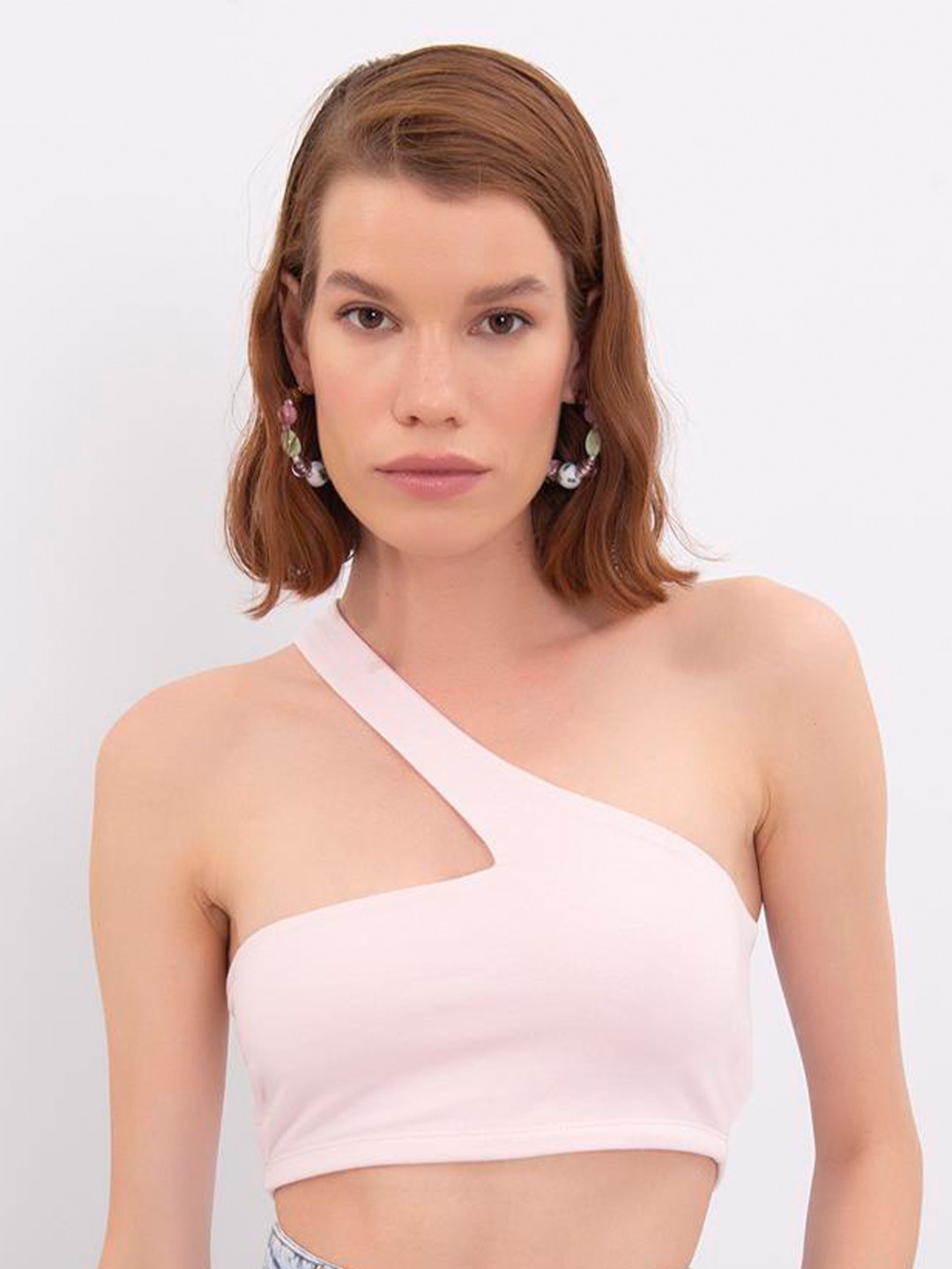 

PRET A TUER One Shoulder Cotton Crop Bralette Top, Pink