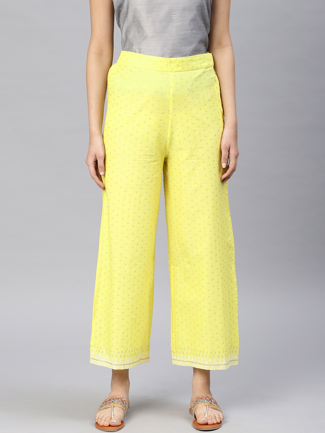 

W Flared Printed Cotton Culottes, Yellow
