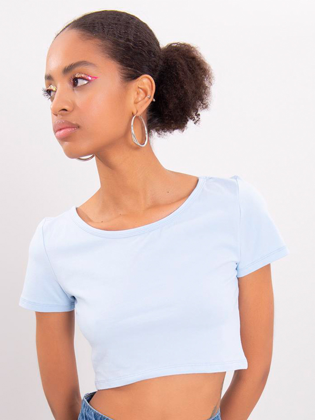

PRET A TUER Round Neck Ribbed Cotton Crop Top, Blue