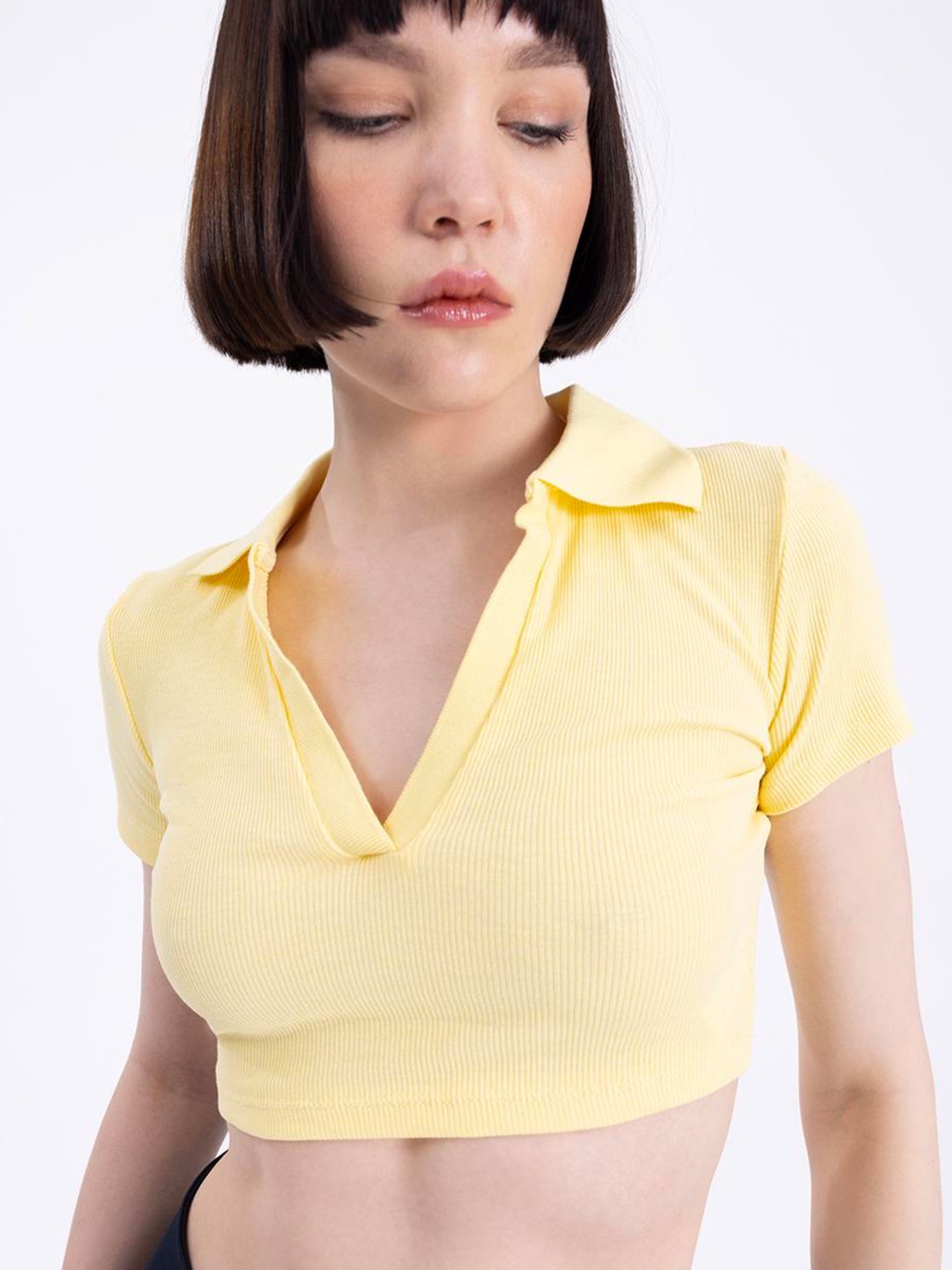 

PRET A TUER Shirt Collar Cotton Crop Top, Yellow