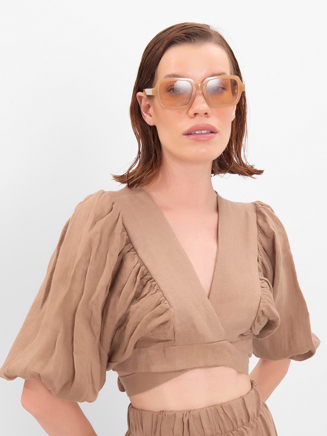 

PRET A TUER V-Neck Puff Sleeve Linen Wrap Crop Top, Brown