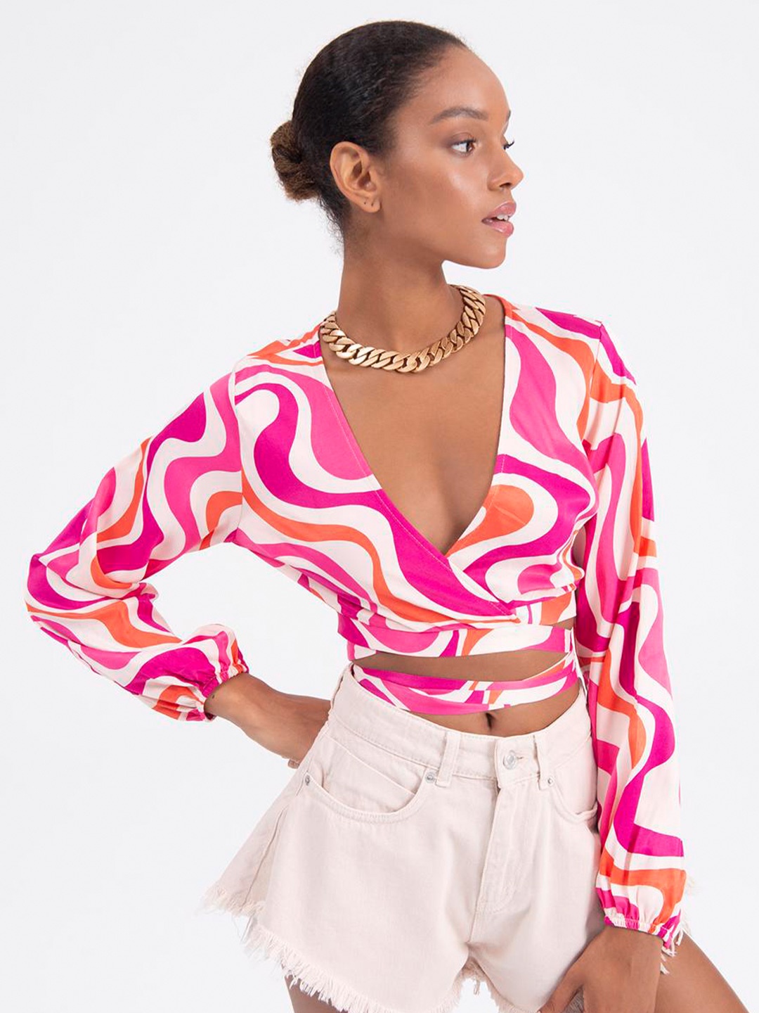 

PRET A TUER Abstract Printed Waist Tie Up Wrap Crop Top, Pink