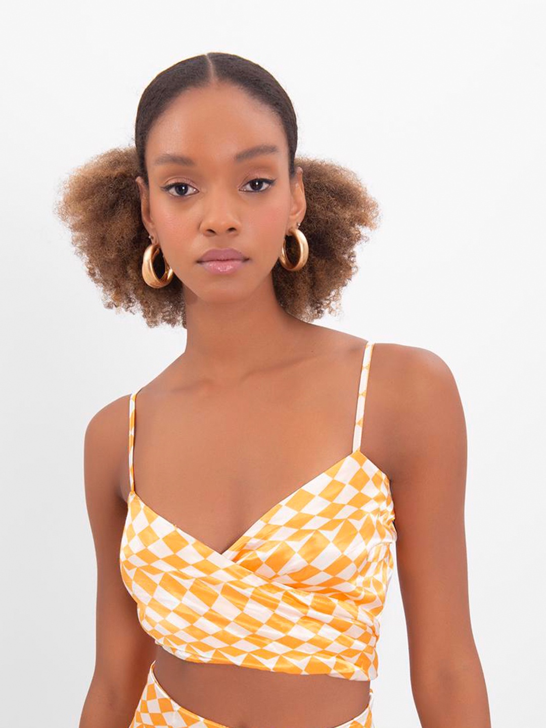 

PRET A TUER Geometric Printed Shoulder Straps Smocking Wrap Crop Top, Orange