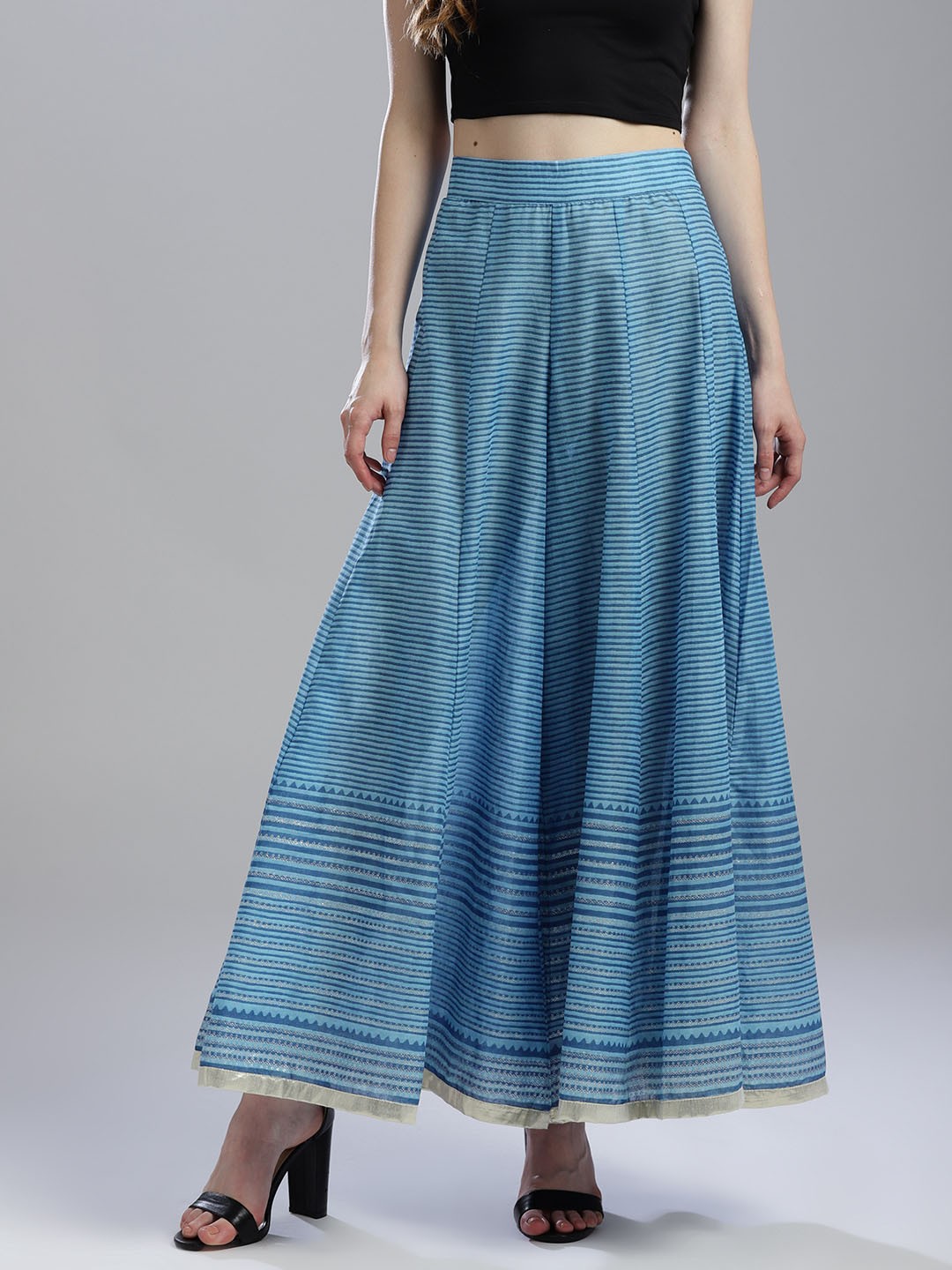 

W Women Blue Striped Flared Palazzos
