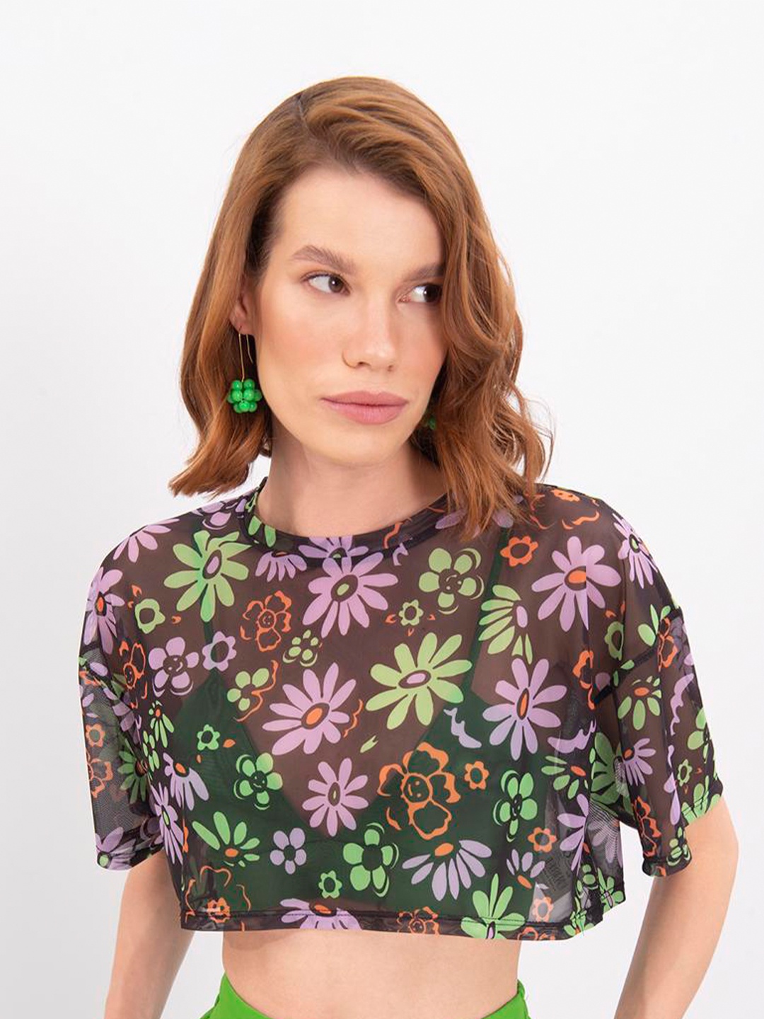 

PRET A TUER Floral Printed Boxy Crop Top, Black
