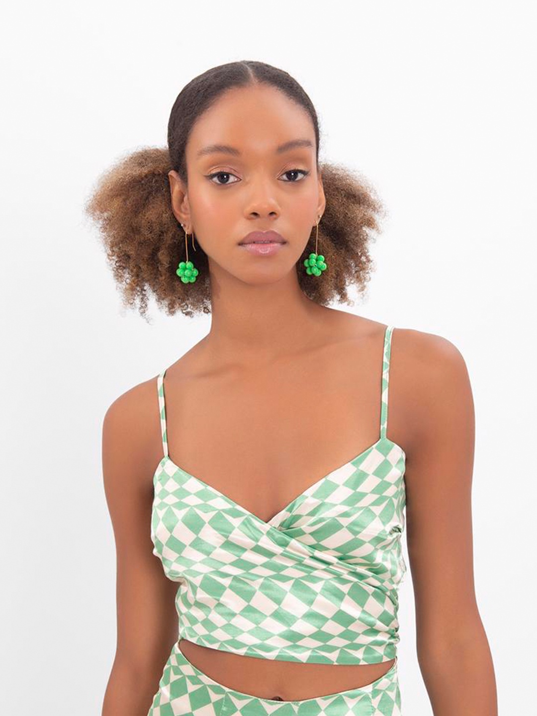 

PRET A TUER Checked Print Smocked Detailed Crop Top, Green