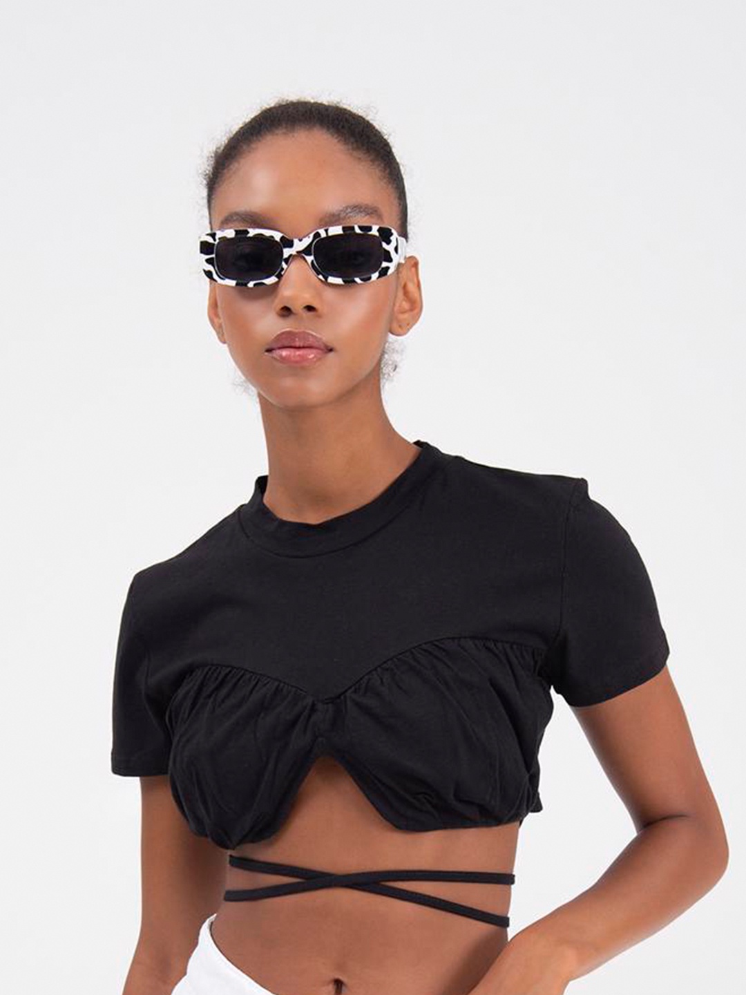 

PRET A TUER Tie-Up Detailed Round Neck Cotton Top, Black