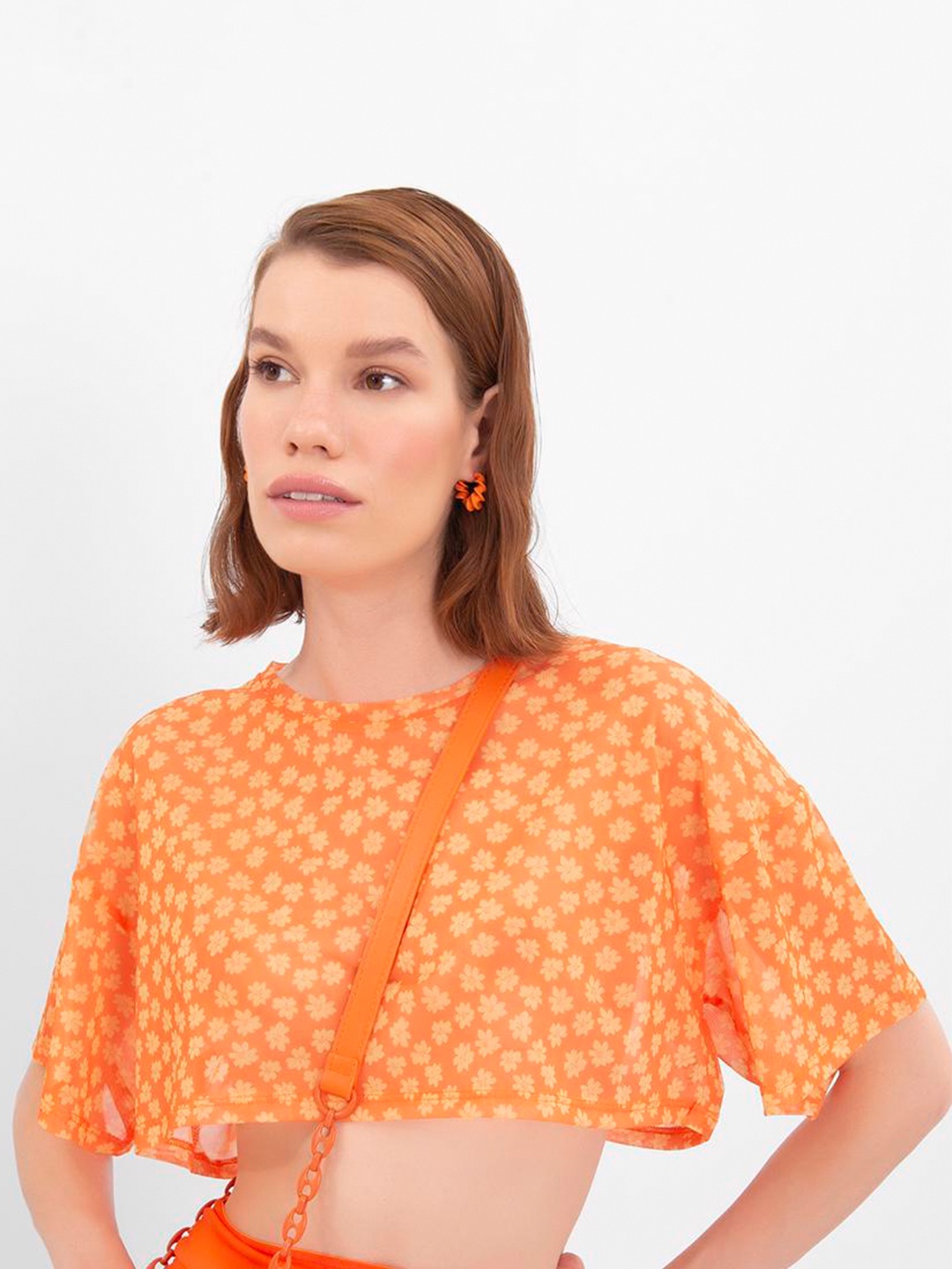 

PRET A TUER Floral Printed Flared Sleeves Crop Top, Orange