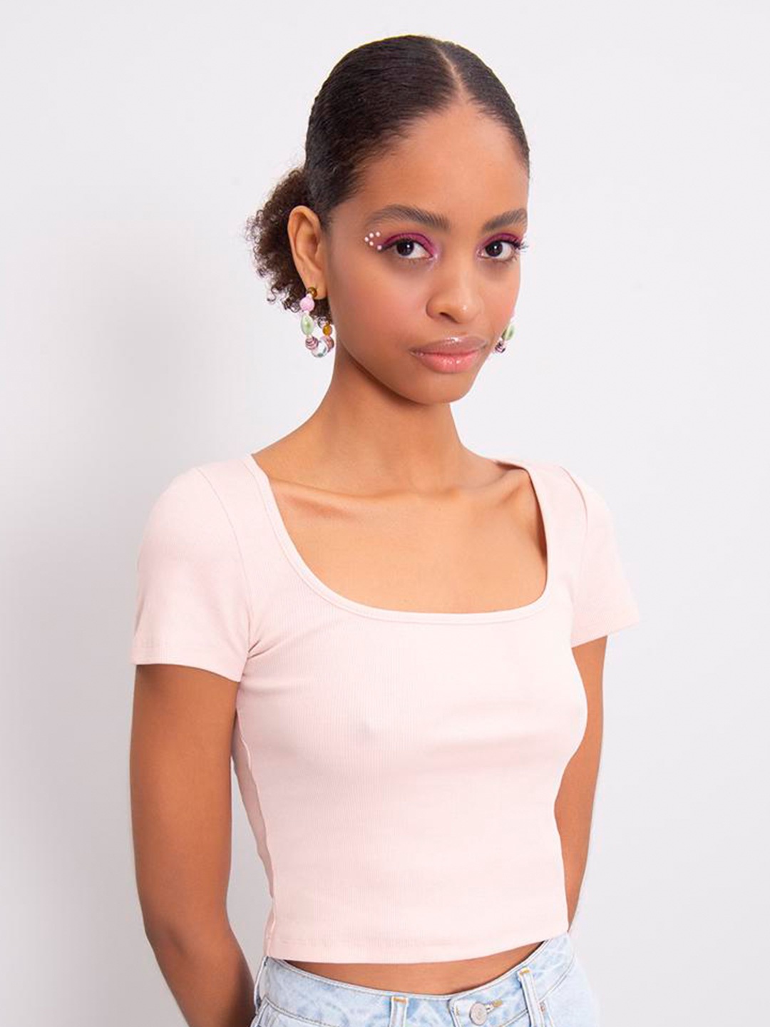 

PRET A TUER Scoop Neck Ribbed Cotton Top, Pink