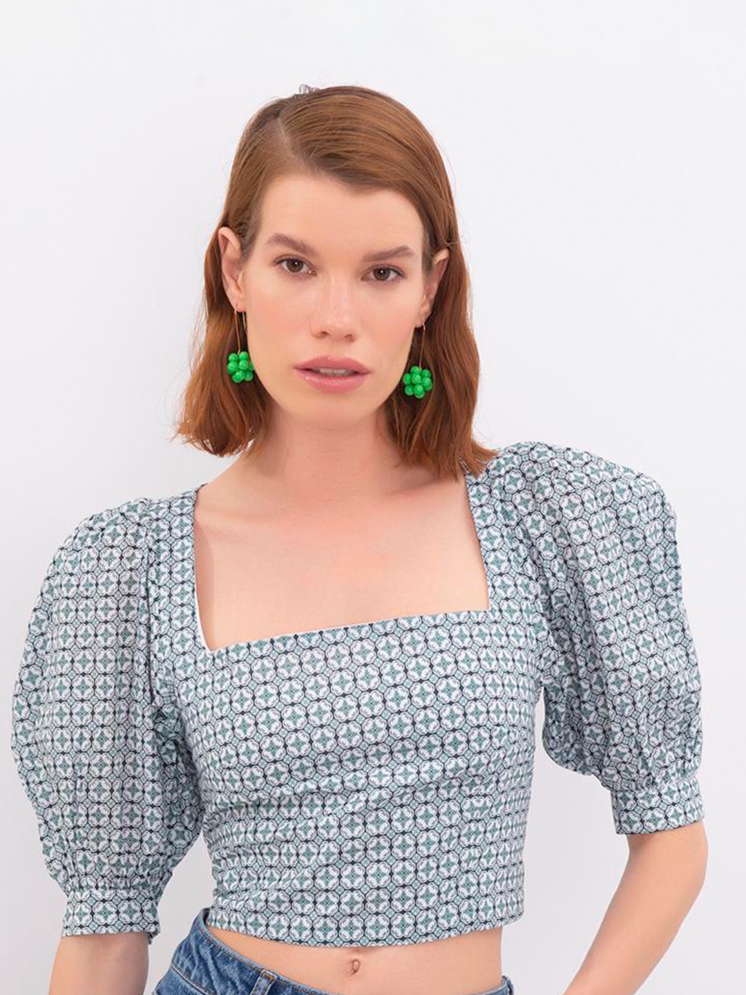 

PRET A TUER Geometric Printed Puff Sleeve Cotton Regular Crop Top, Green