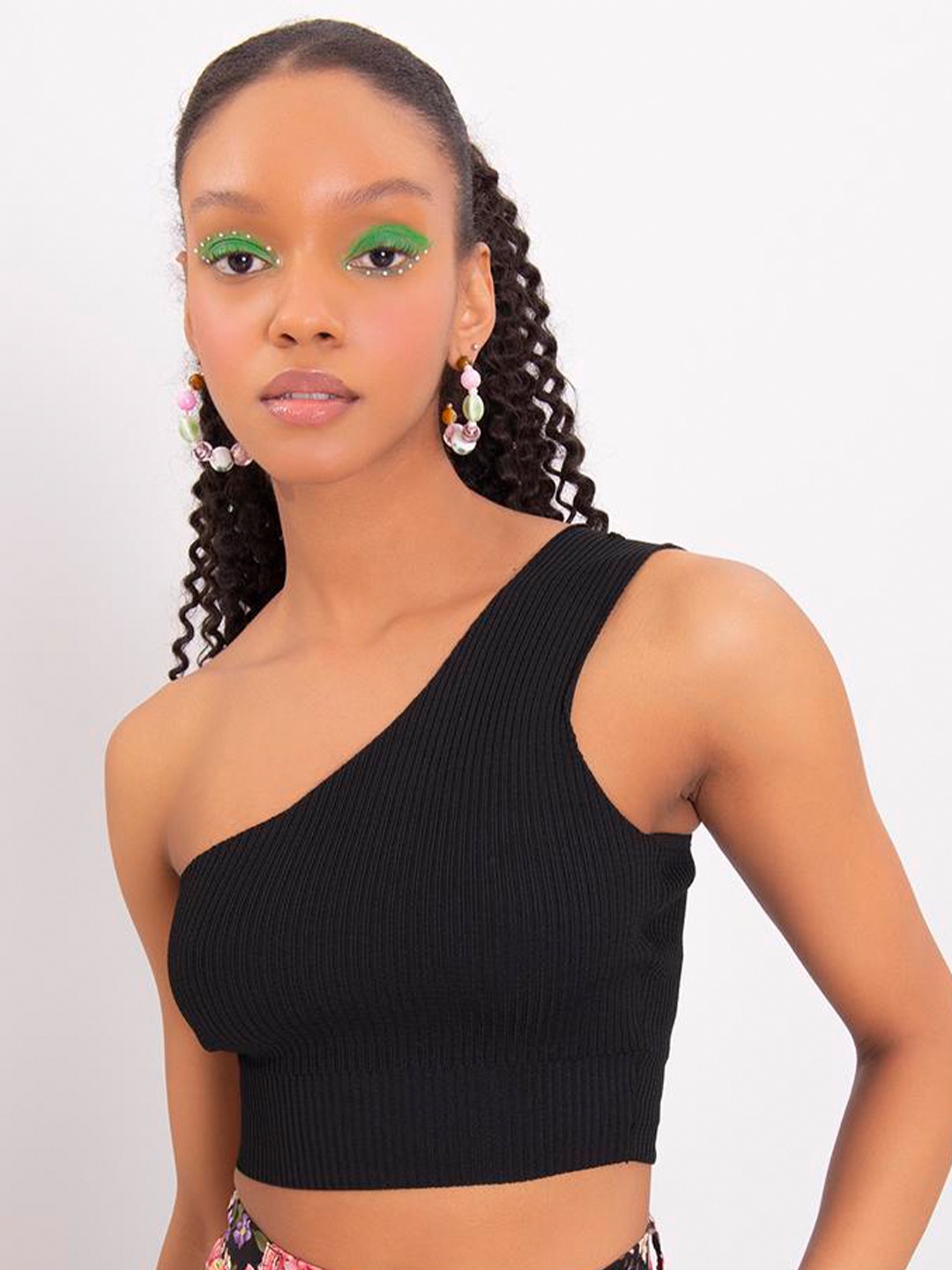 

PRET A TUER One Shoulder Fitted Crop Top, Black