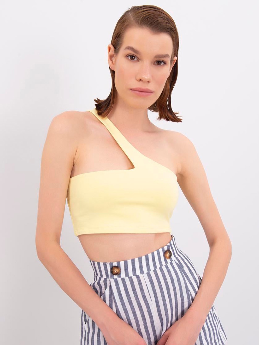 

PRET A TUER One Shoulder Cotton Bralette Crop Top, Yellow