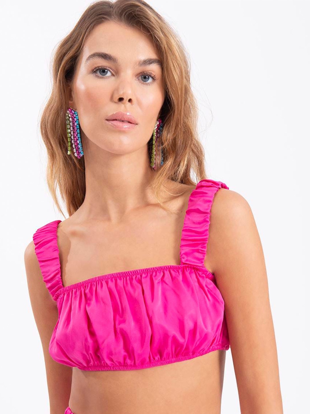 

PRET A TUER Square Neck Ruched Fitted Crop Top, Pink