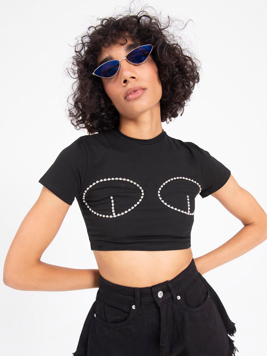 

PRET A TUER Graphic Printed Cotton Fitted Crop Top, Black