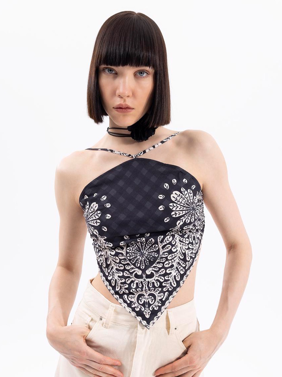 

PRET A TUER Floral Printed Halter Neck Cotton Crop Top, Black