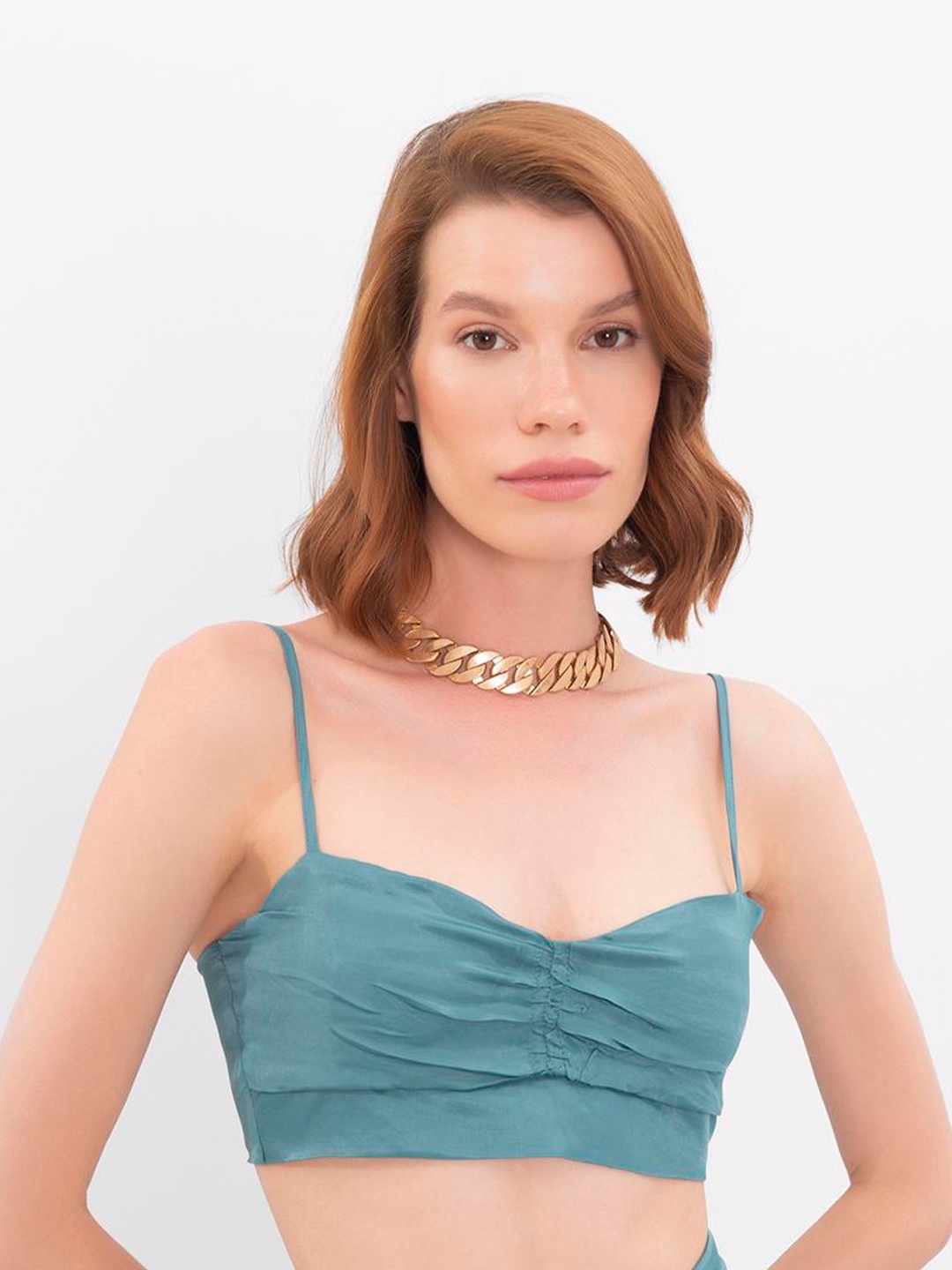 

PRET A TUER Shoulder Straps Satin Crop Bralette Top, Green