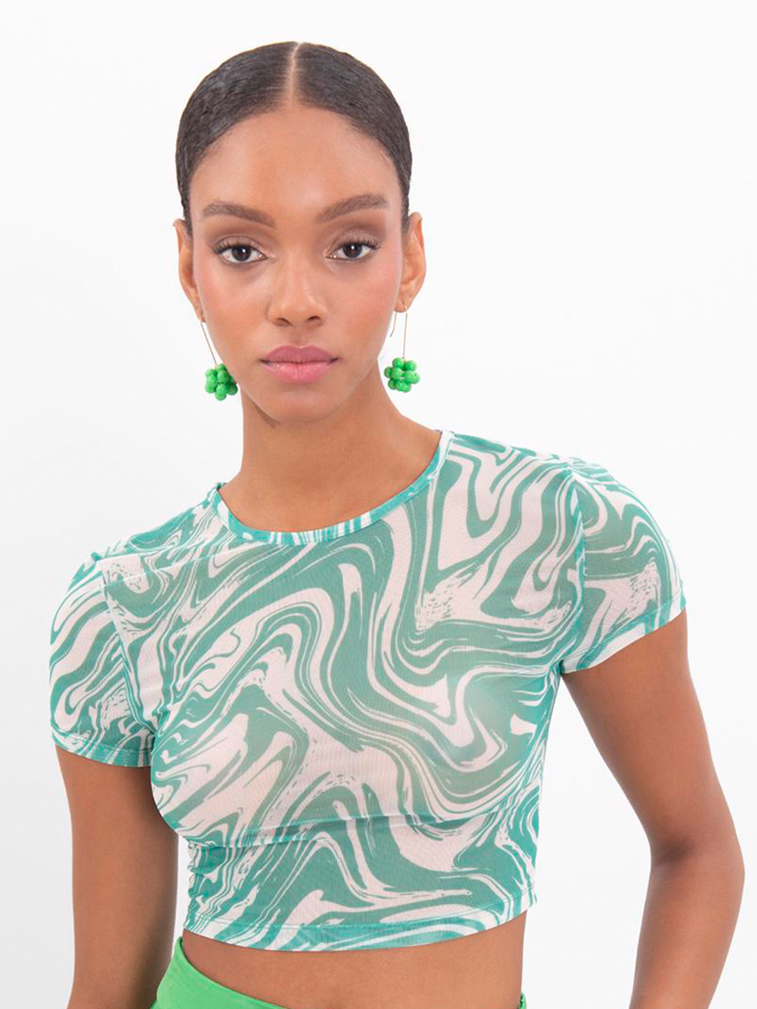 

PRET A TUER Round Neck Abstract Printed Crop Top, Green