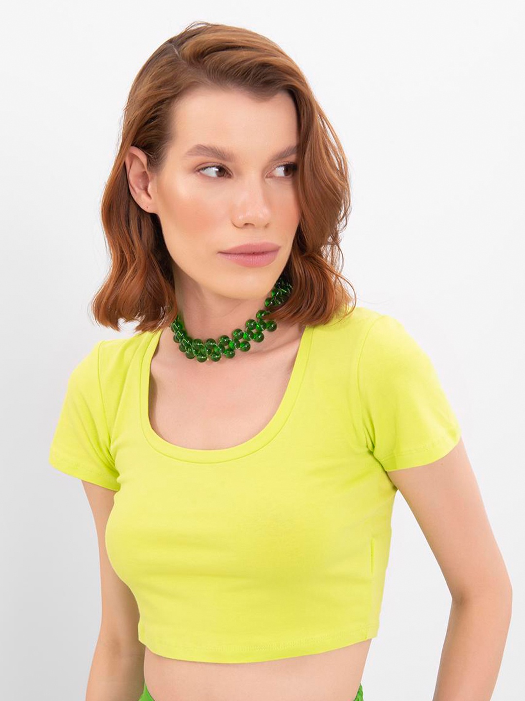 

PRET A TUER Round Neck Cotton Crop Top, Fluorescent green