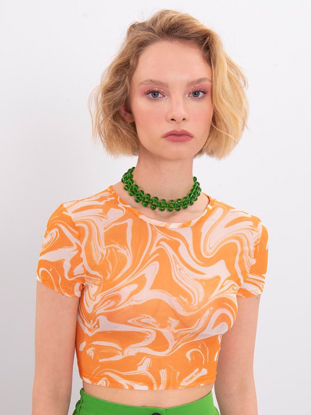 

PRET A TUER Printed Fitted Crop Top, Orange