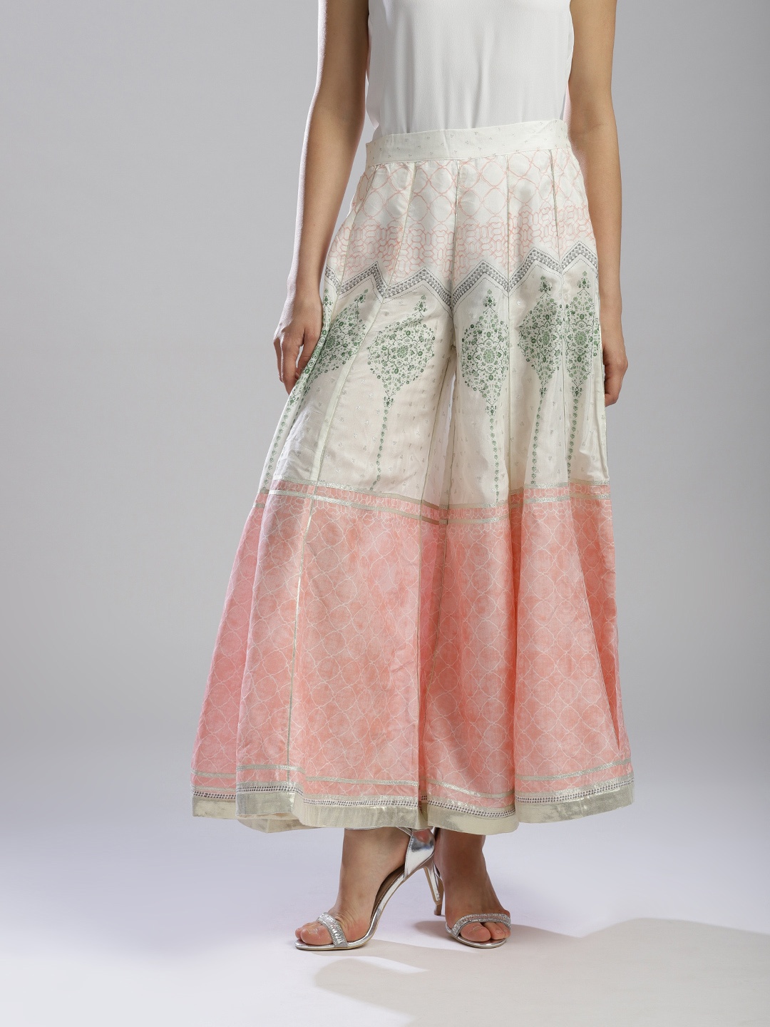 

W Women Off-White & Pink Printed Flared Palazzos