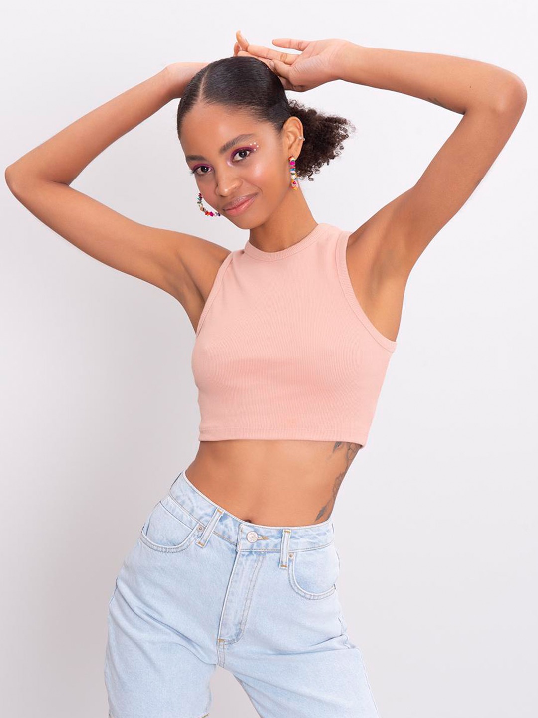 

PRET A TUER Round Neck Fitted Crop Top, Pink