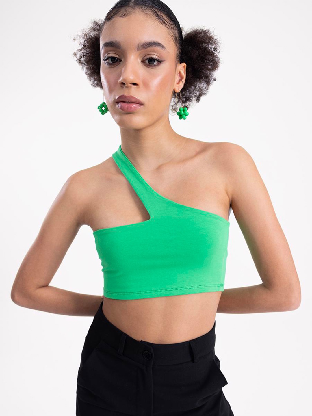 

PRET A TUER One Shoulder Cotton Bralette Crop Top, Green