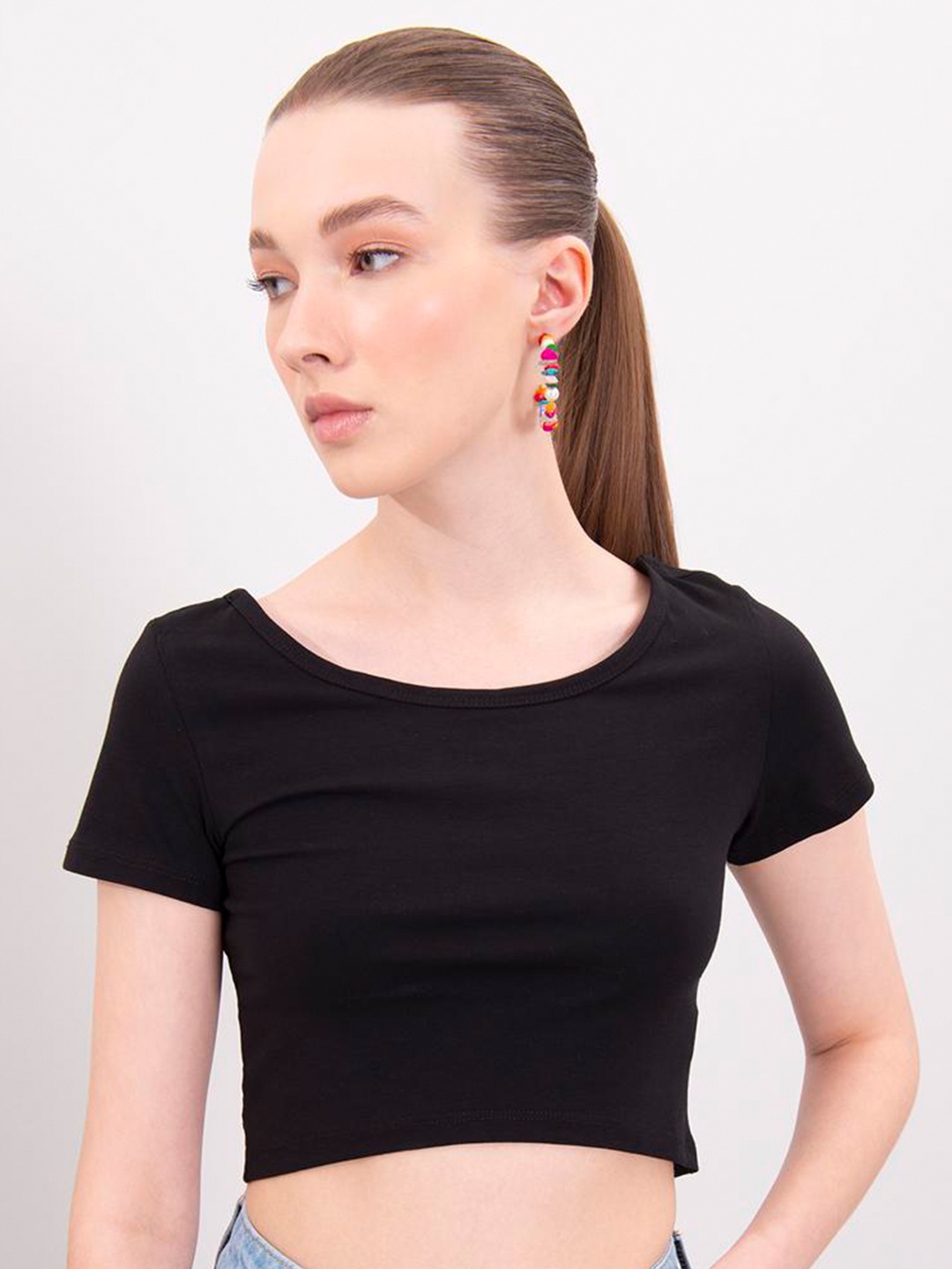 

PRET A TUER Round Neck Cotton Crop Top, Black