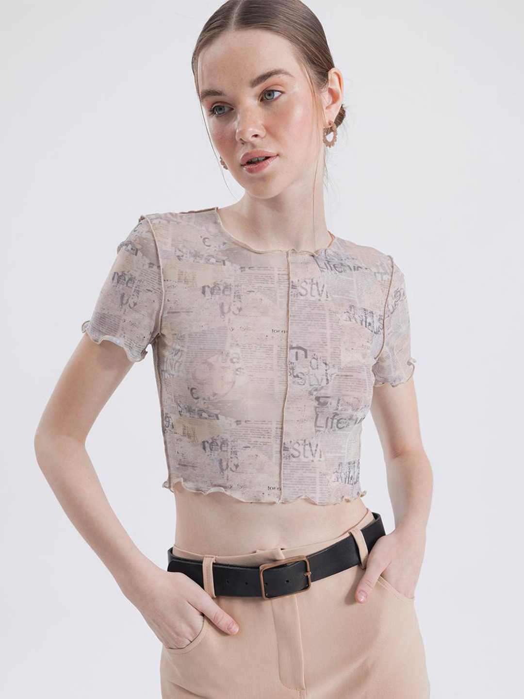 

PRET A TUER Typography Printed Crop Top, Beige
