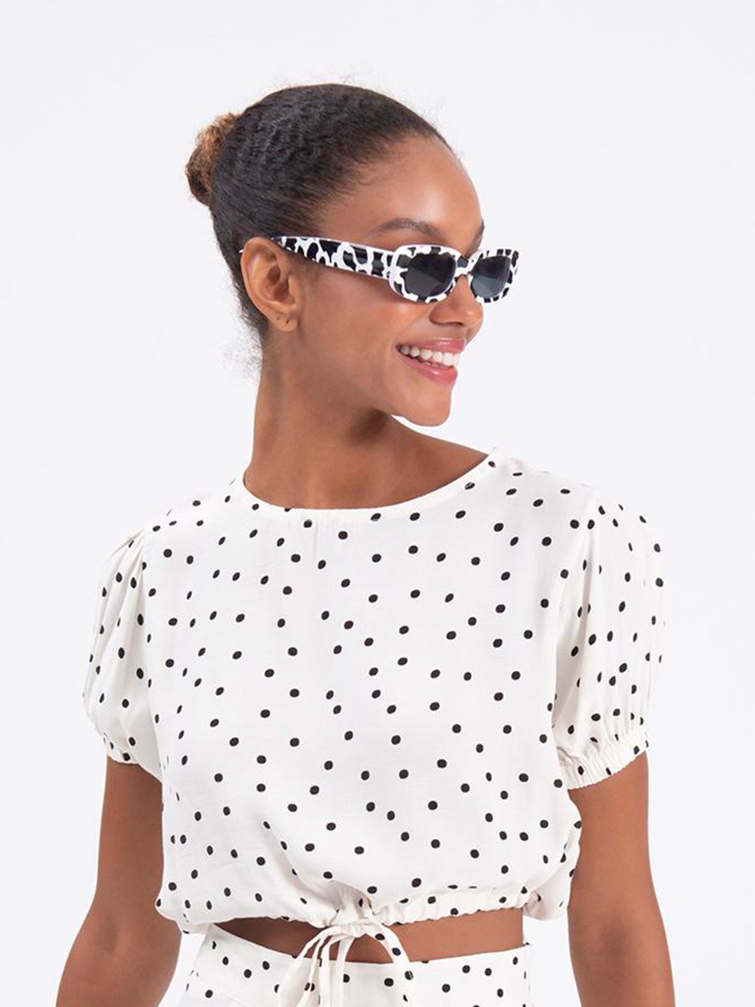 

PRET A TUER Polka Dot Printed Puff Sleeve Crop Top, Off white