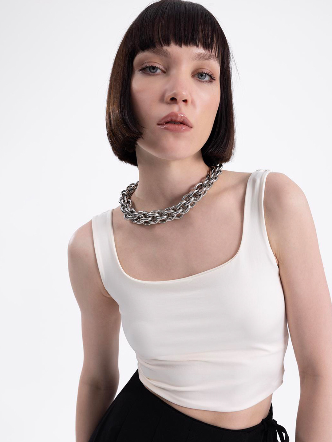 

PRET A TUER Square Neck Sleeveless Tank Regular Top, Off white