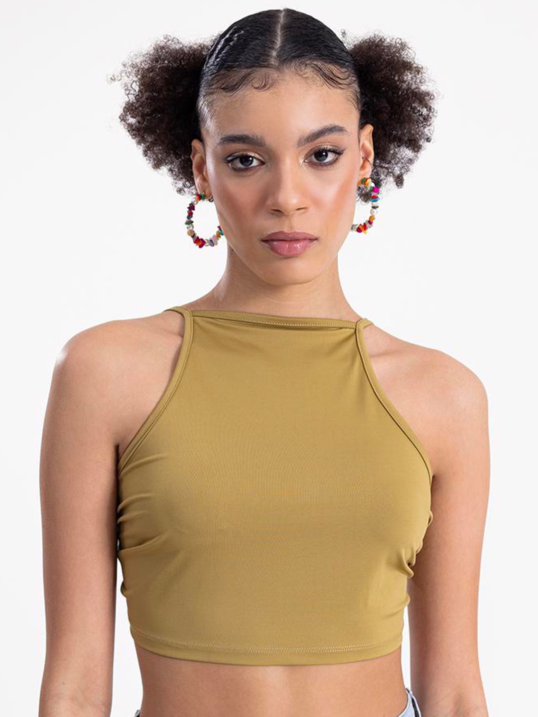 

PRET A TUER Halter Neck Tie-Up Detailed Styled Back Crop Top, Olive