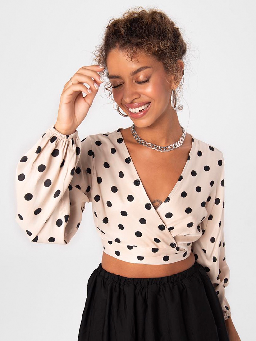 

PRET A TUER Polka Dot Printed V-Neck Puff Sleeve Wrap Crop Top, Beige