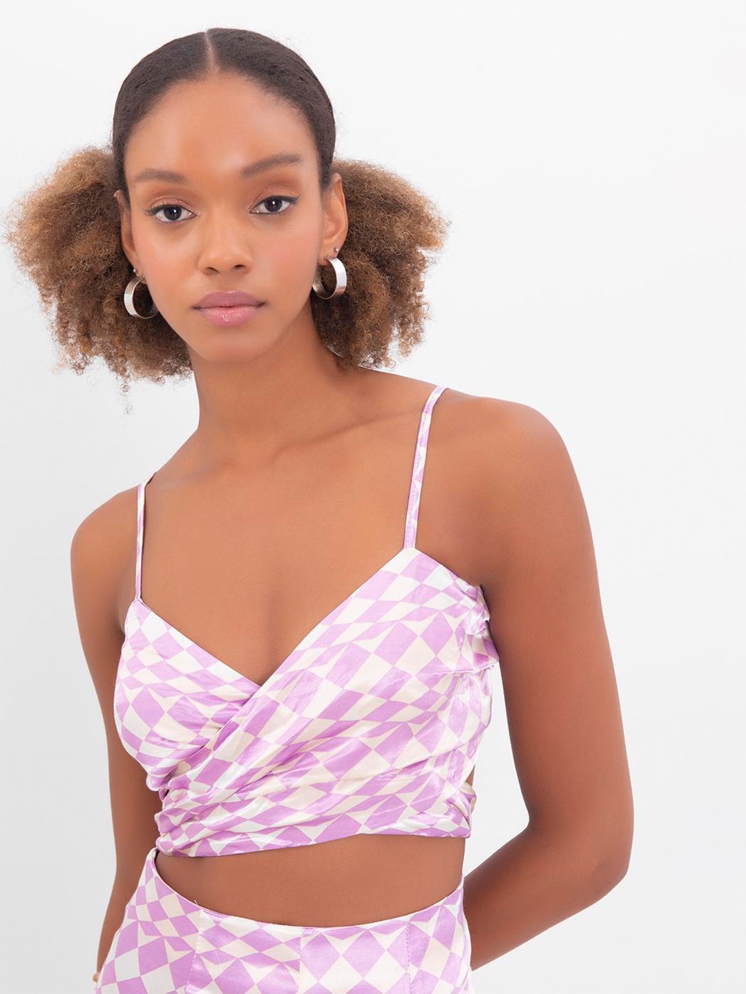 

PRET A TUER Checked Shoulder Straps Crop Wrap Top, Lavender