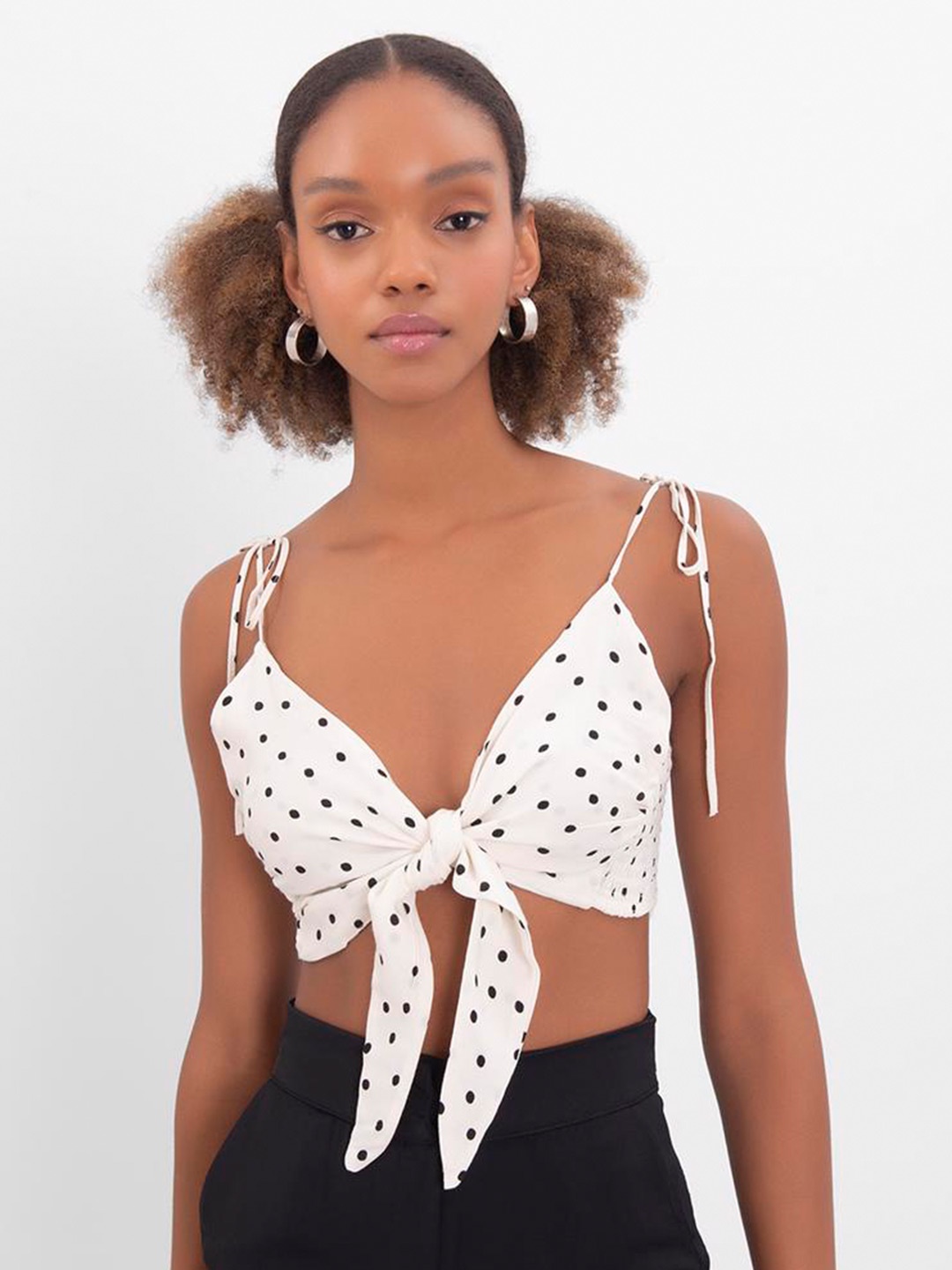 

PRET A TUER Polka Dot Printed Shoulder Straps Tie Ups Detail Bralette Crop Top, Off white