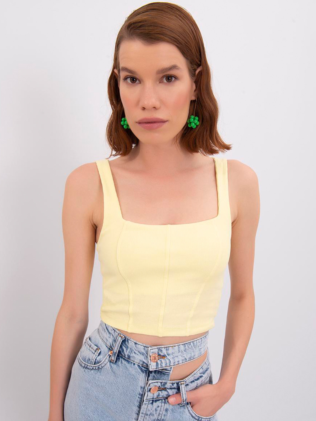 

PRET A TUER Square Neck Cotton Crop Tank Top, Yellow