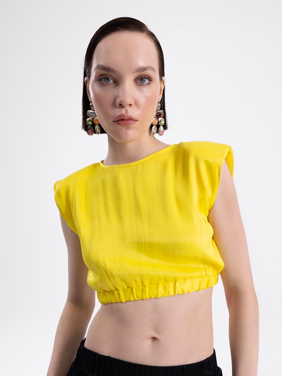 

PRET A TUER Extended Sleeves Satin Blouson Crop Top, Yellow