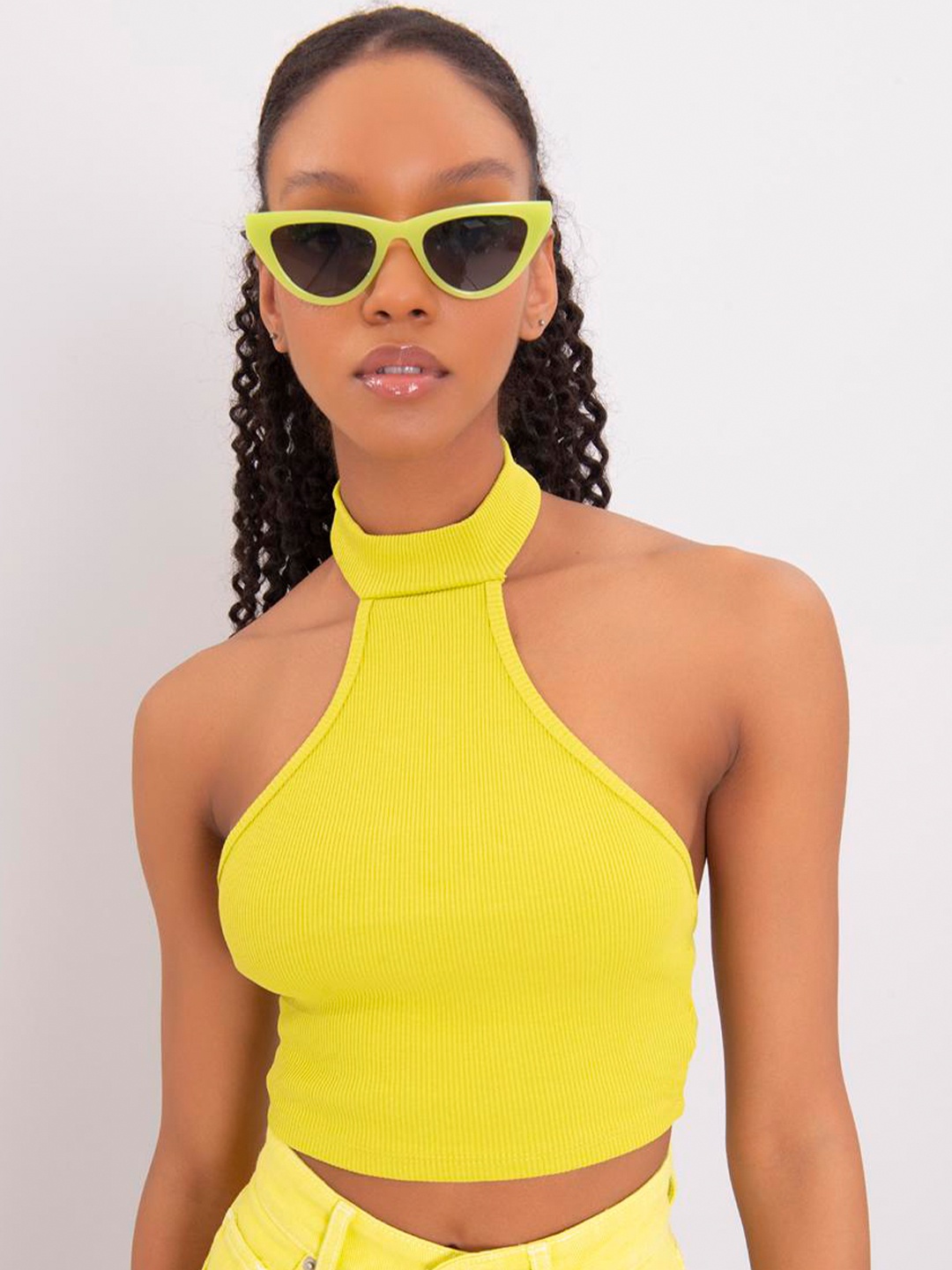 

PRET A TUER Halter Neck Cotton Fitted Crop Top, Lime green